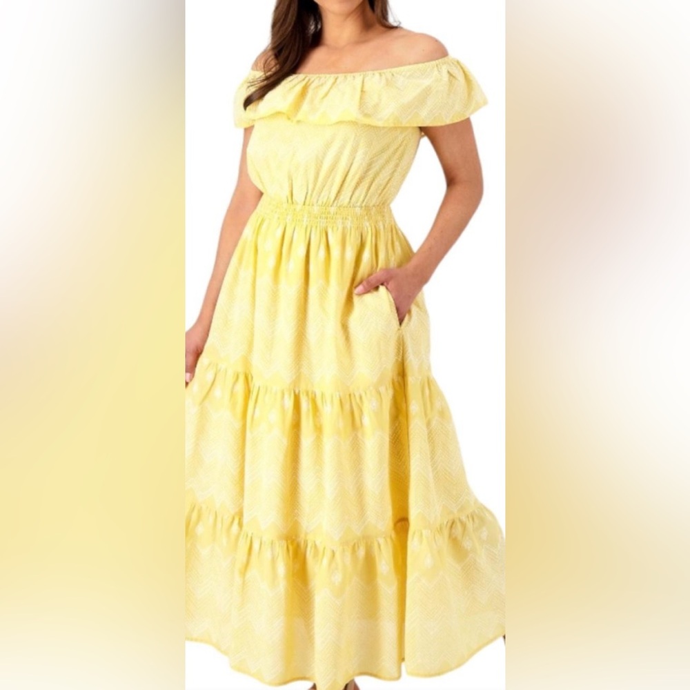 Destination 365 Dress Maxi Yellow & White Boho Shoulder Ruffle Smocked Waist LP👍